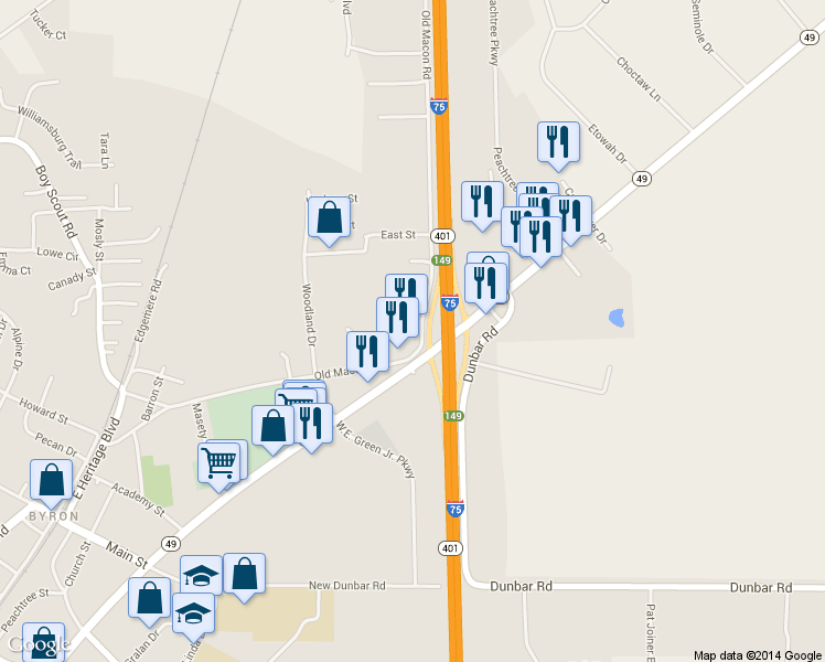 map of restaurants, bars, coffee shops, grocery stores, and more near Highway 49 in Byron