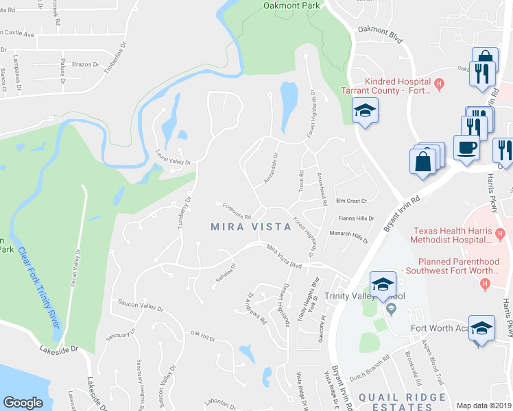 map of restaurants, bars, coffee shops, grocery stores, and more near 6600 Foxpointe Road in Fort Worth