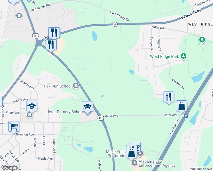 map of restaurants, bars, coffee shops, grocery stores, and more near 1001 Fox Run Parkway in Opelika