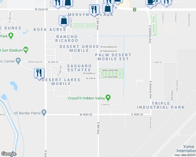 map of restaurants, bars, coffee shops, grocery stores, and more near 401 West 37th Street in Yuma