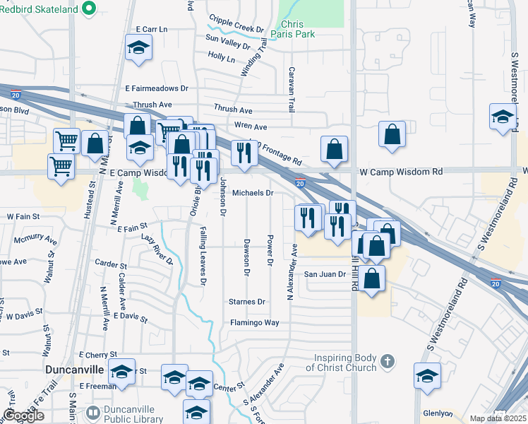 map of restaurants, bars, coffee shops, grocery stores, and more near 631 Power Drive in Duncanville