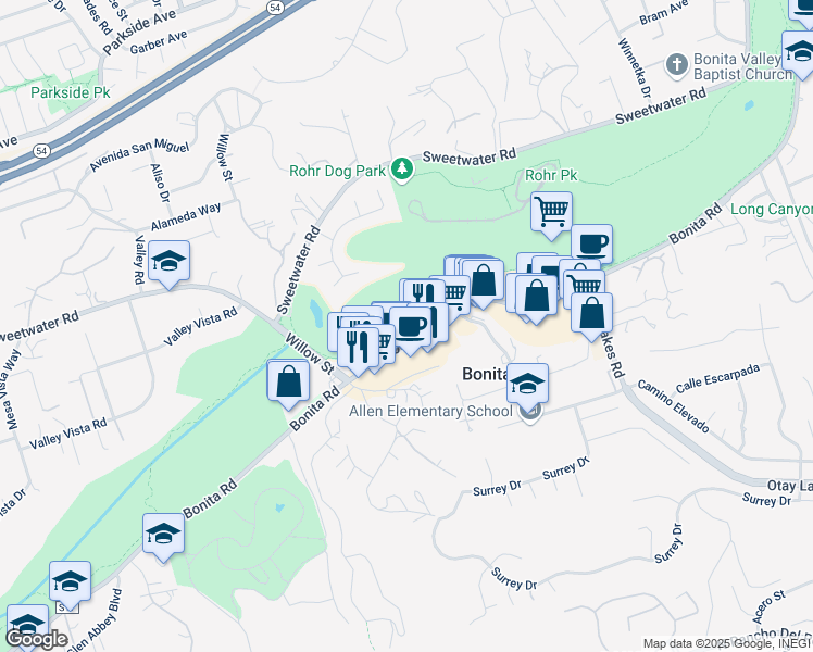 map of restaurants, bars, coffee shops, grocery stores, and more near 4095 Bonita Road in Bonita