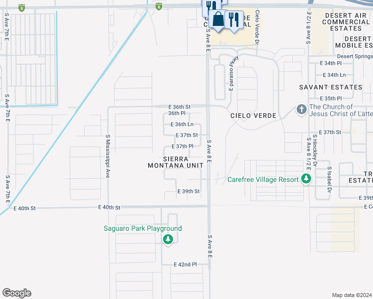 map of restaurants, bars, coffee shops, grocery stores, and more near 7897 East 37th Place in Yuma