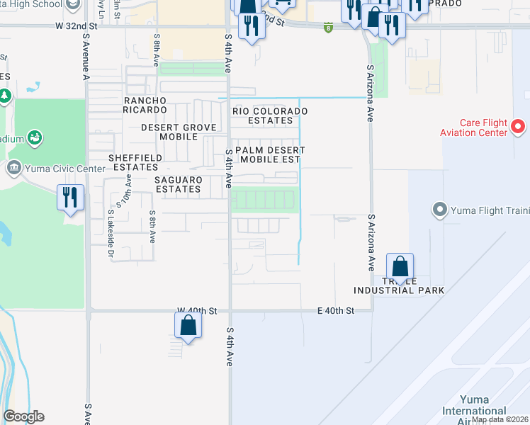 map of restaurants, bars, coffee shops, grocery stores, and more near 3649 South 4th Avenue in Yuma