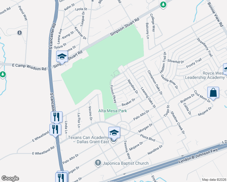 map of restaurants, bars, coffee shops, grocery stores, and more near 2805 Alta Mesa Drive in Dallas