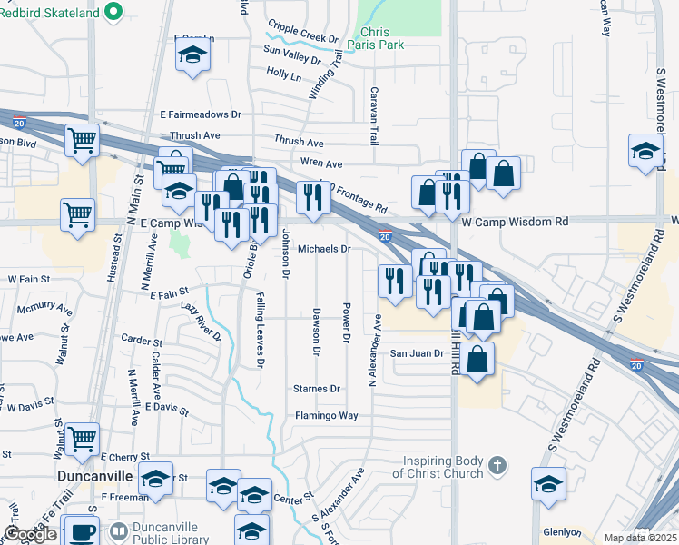 map of restaurants, bars, coffee shops, grocery stores, and more near 631 Power Drive in Duncanville