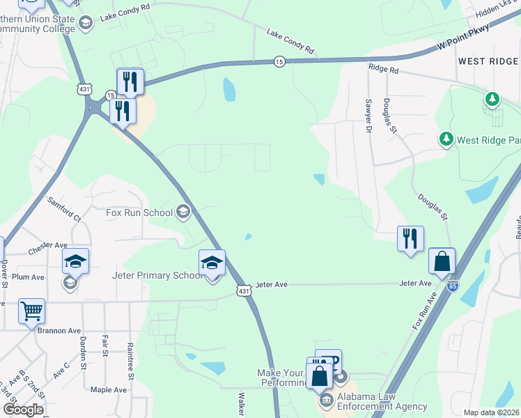 map of restaurants, bars, coffee shops, grocery stores, and more near 1001 Fox Run Parkway in Opelika