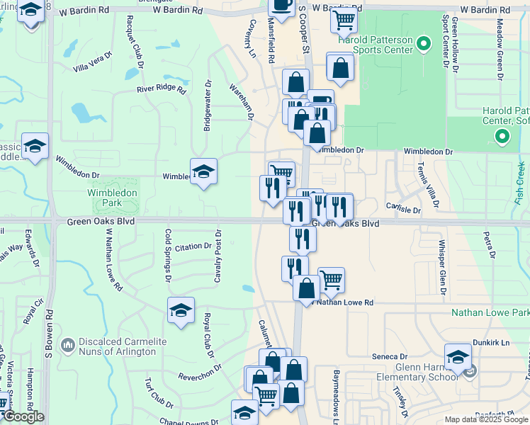 map of restaurants, bars, coffee shops, grocery stores, and more near 5375 Mansfield Road in Arlington