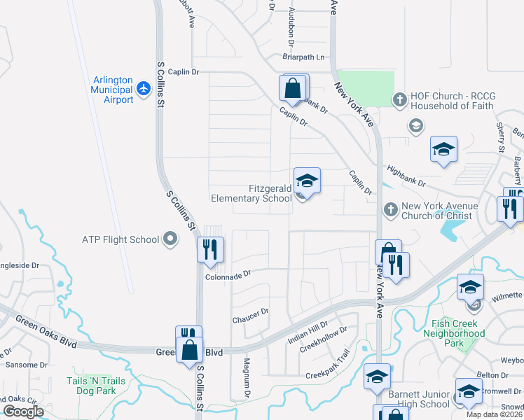 map of restaurants, bars, coffee shops, grocery stores, and more near 1518 Carlsbad Drive in Arlington