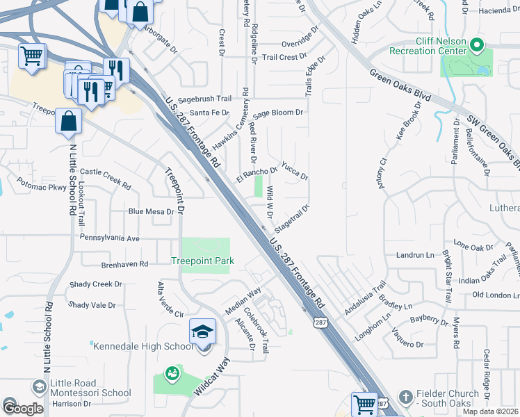 map of restaurants, bars, coffee shops, grocery stores, and more near 5412 Wild West Drive in Arlington
