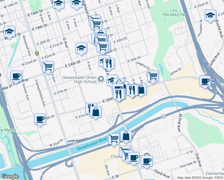 map of restaurants, bars, coffee shops, grocery stores, and more near 2900 Highland Avenue in National City