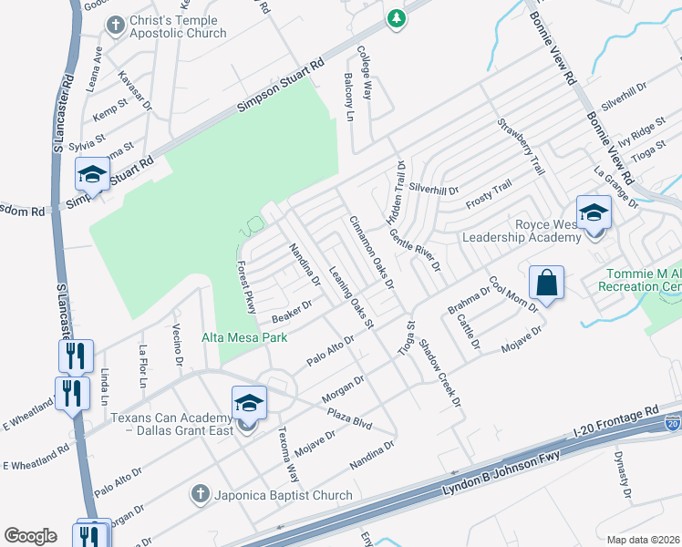 map of restaurants, bars, coffee shops, grocery stores, and more near 6444 Leaning Oaks Street in Dallas