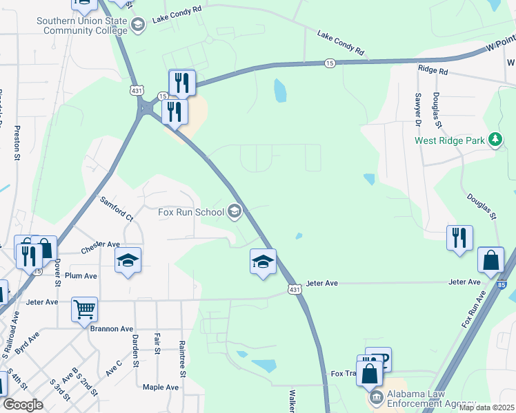 map of restaurants, bars, coffee shops, grocery stores, and more near Brookstone Drive in Opelika