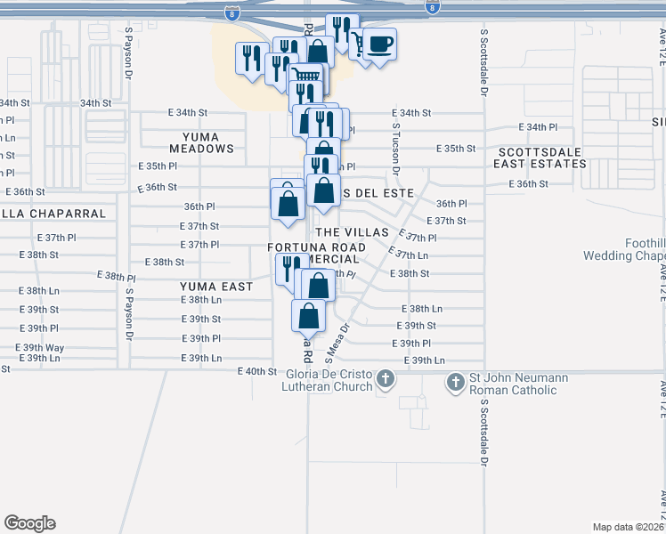 map of restaurants, bars, coffee shops, grocery stores, and more near 11205-11249 E 38th Pl in Yuma