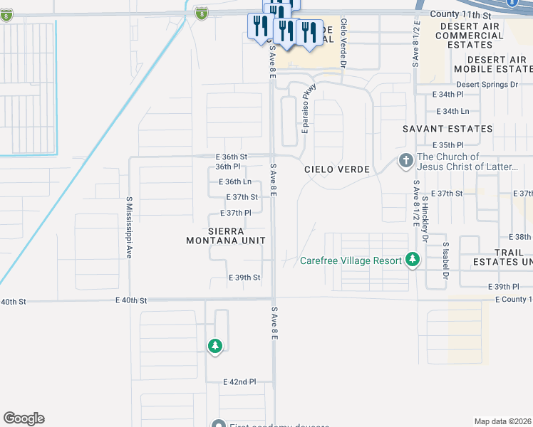 map of restaurants, bars, coffee shops, grocery stores, and more near 7954 East 38th Street in Yuma