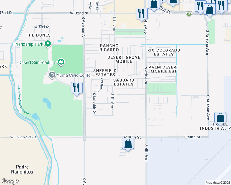 map of restaurants, bars, coffee shops, grocery stores, and more near 771 West 37th Street in Yuma