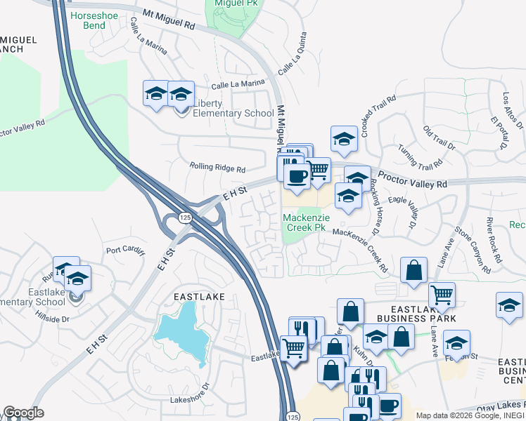 map of restaurants, bars, coffee shops, grocery stores, and more near 2263 Lago Madero in Chula Vista
