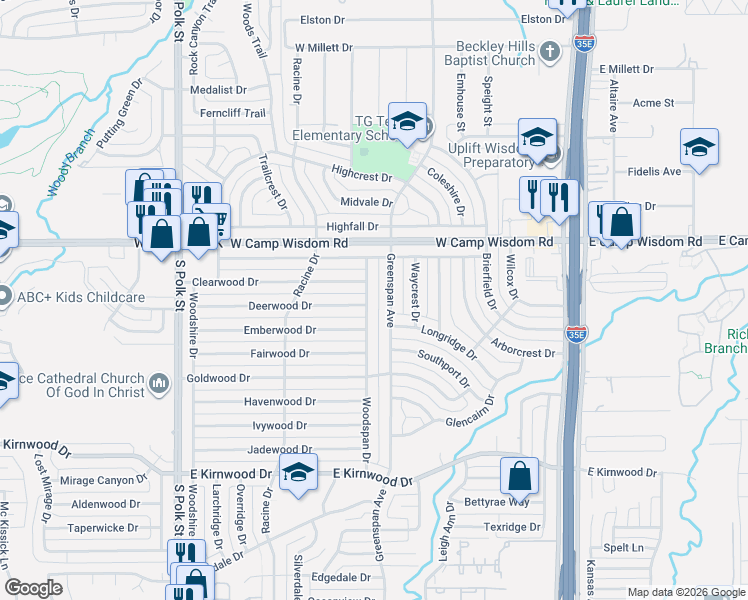 map of restaurants, bars, coffee shops, grocery stores, and more near 7323 Greenspan Avenue in Dallas