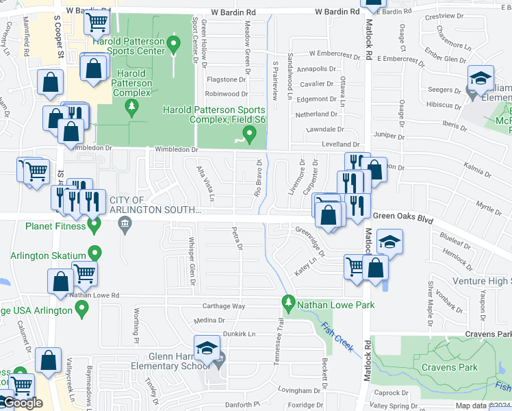 map of restaurants, bars, coffee shops, grocery stores, and more near 5317 Rio Bravo Drive in Arlington