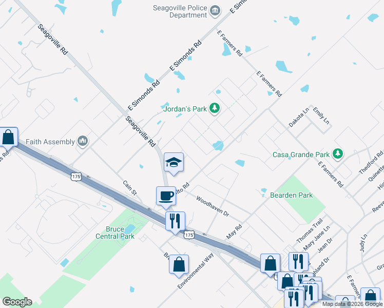 map of restaurants, bars, coffee shops, grocery stores, and more near 1900 Seagoville Road in Seagoville