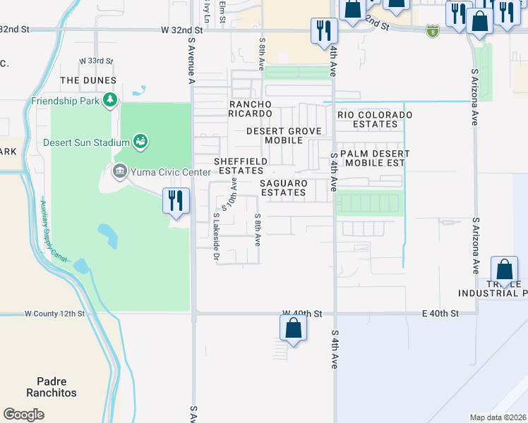 map of restaurants, bars, coffee shops, grocery stores, and more near 771 West 37th Street in Yuma