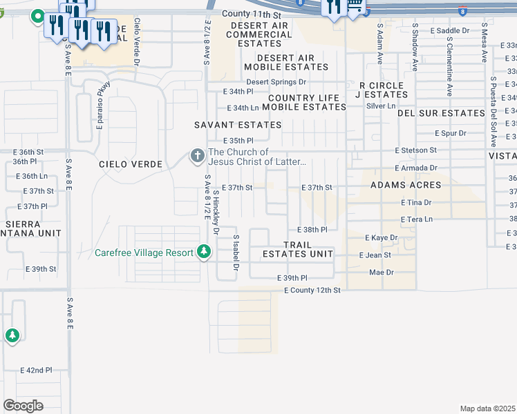 map of restaurants, bars, coffee shops, grocery stores, and more near 3757 South Desert Air Drive in Yuma