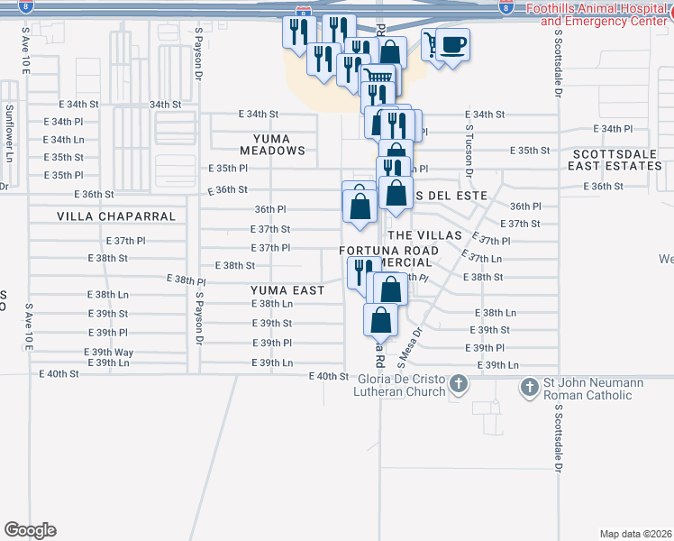 map of restaurants, bars, coffee shops, grocery stores, and more near 11693 South Prescott Avenue in Yuma