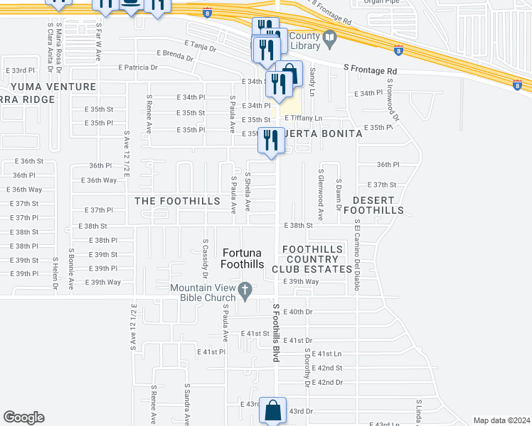map of restaurants, bars, coffee shops, grocery stores, and more near 12898 East 37th Way in Yuma