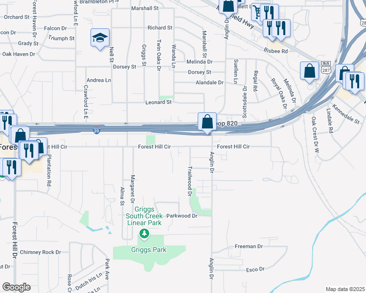 map of restaurants, bars, coffee shops, grocery stores, and more near 4607 Forest Hill Circle in Fort Worth