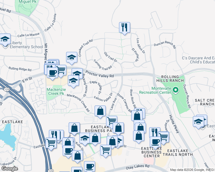 map of restaurants, bars, coffee shops, grocery stores, and more near 663 San Jose Court in Chula Vista