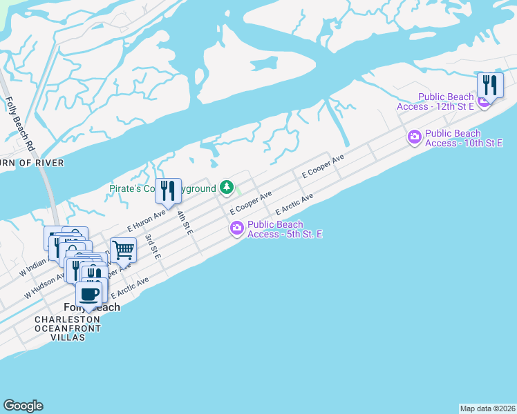 map of restaurants, bars, coffee shops, grocery stores, and more near 512 East Arctic Avenue in Folly Beach