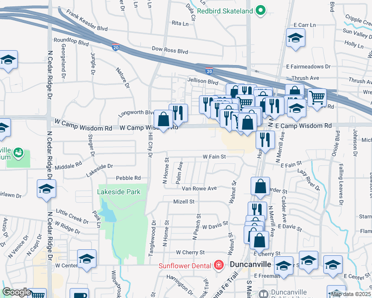 map of restaurants, bars, coffee shops, grocery stores, and more near 314 West Fain Street in Duncanville