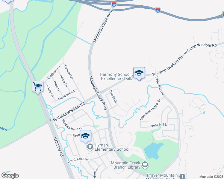 map of restaurants, bars, coffee shops, grocery stores, and more near 5512 Bandit Drive in Dallas