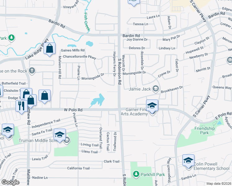 map of restaurants, bars, coffee shops, grocery stores, and more near 903 Parish Court in Grand Prairie