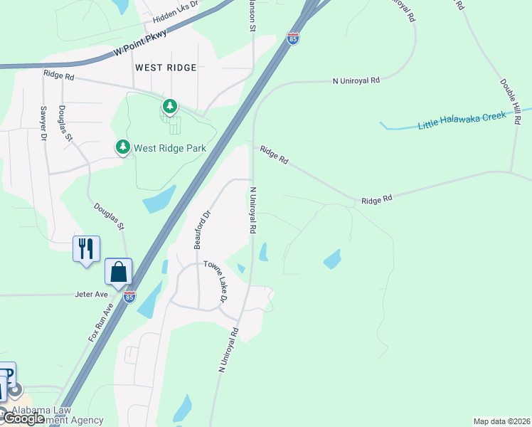 map of restaurants, bars, coffee shops, grocery stores, and more near 1100 North Uniroyal Road in Opelika