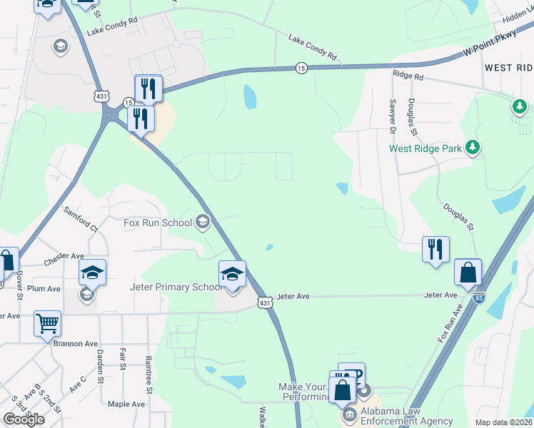 map of restaurants, bars, coffee shops, grocery stores, and more near 1001 Fox Run Parkway in Opelika