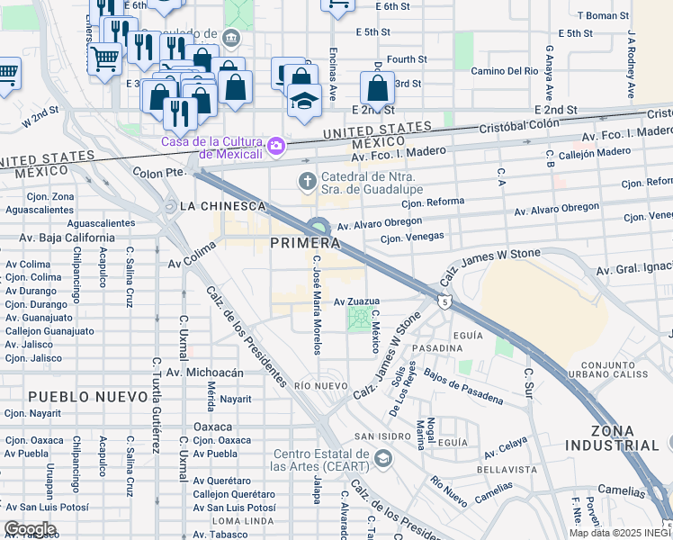 map of restaurants, bars, coffee shops, grocery stores, and more near 540 Sebastian Lerdo de Tejada in Mexicali
