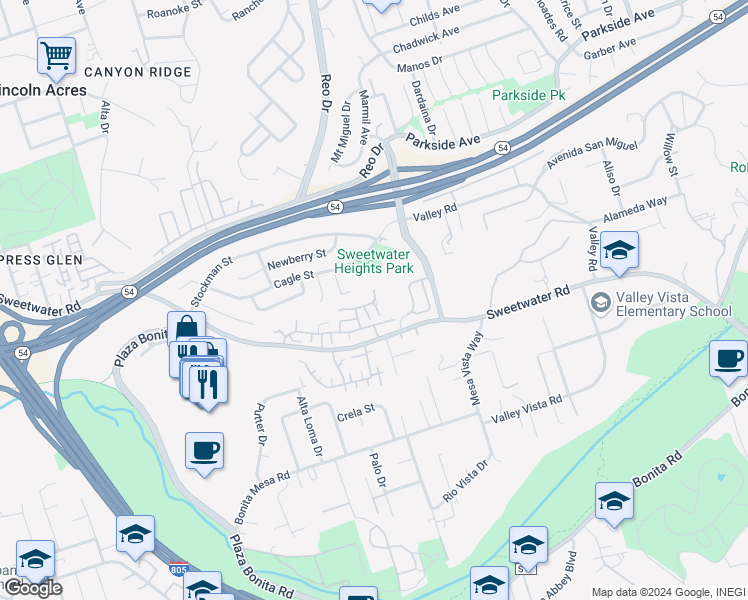 map of restaurants, bars, coffee shops, grocery stores, and more near 3804 Fairlindo Way in National City