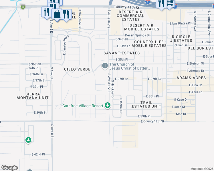 map of restaurants, bars, coffee shops, grocery stores, and more near Avenue 8 1/2 E in Yuma