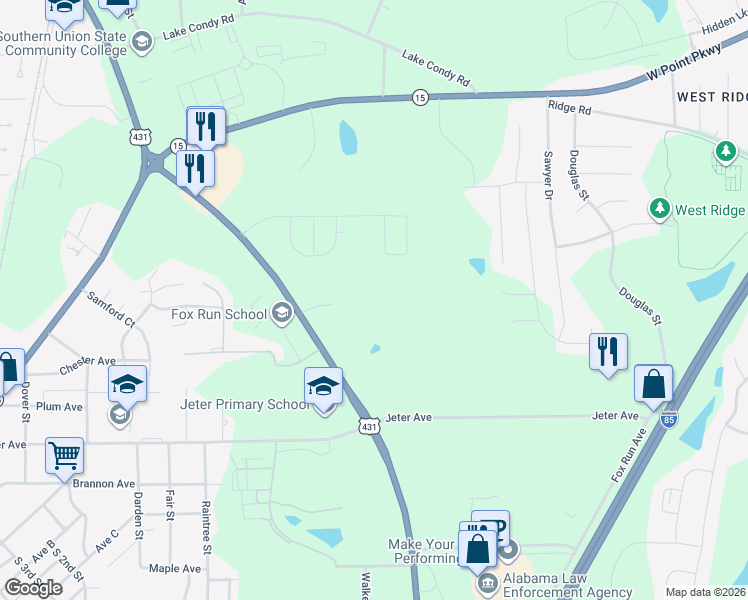 map of restaurants, bars, coffee shops, grocery stores, and more near 1001 Fox Run Parkway in Opelika