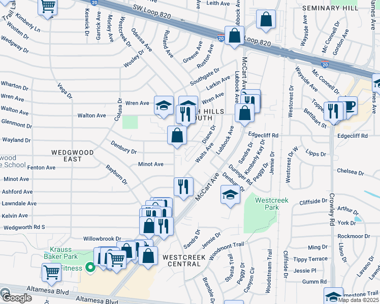 map of restaurants, bars, coffee shops, grocery stores, and more near 5958 Duringer Road in Fort Worth