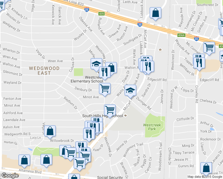 map of restaurants, bars, coffee shops, grocery stores, and more near 5958 Duringer Road in Fort Worth