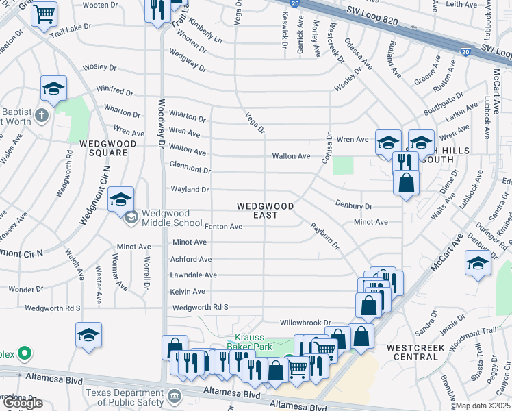 map of restaurants, bars, coffee shops, grocery stores, and more near 3705 Wayland Drive in Fort Worth