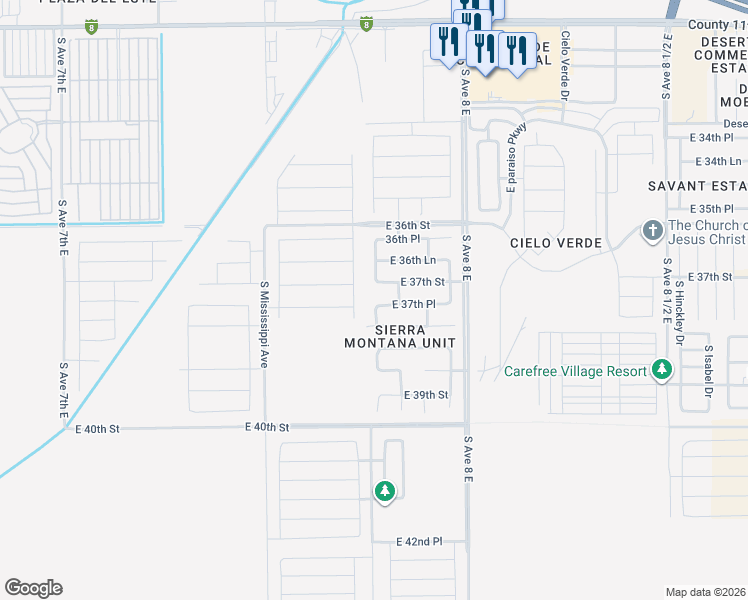 map of restaurants, bars, coffee shops, grocery stores, and more near 7034 East 37th Place in Yuma