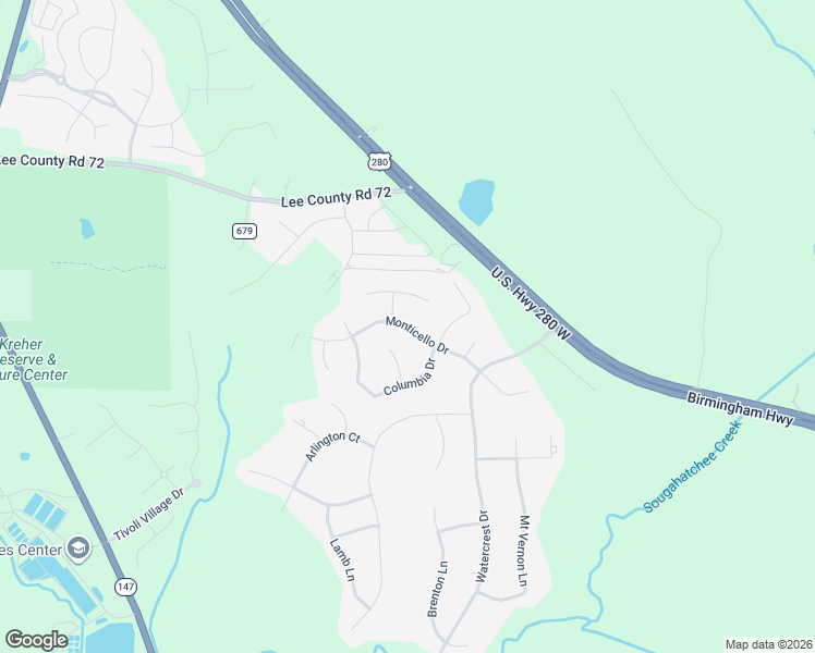 map of restaurants, bars, coffee shops, grocery stores, and more near Monticello Drive in Auburn