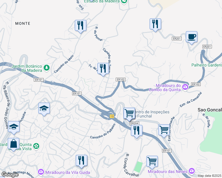 map of restaurants, bars, coffee shops, grocery stores, and more near 9 3ª Travessa do Transval in Funchal