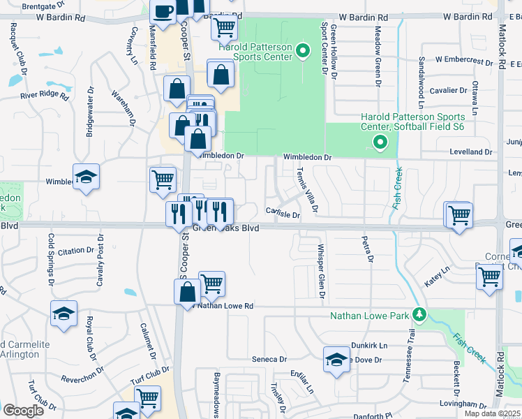 map of restaurants, bars, coffee shops, grocery stores, and more near 5300 Vista Verde Drive in Arlington