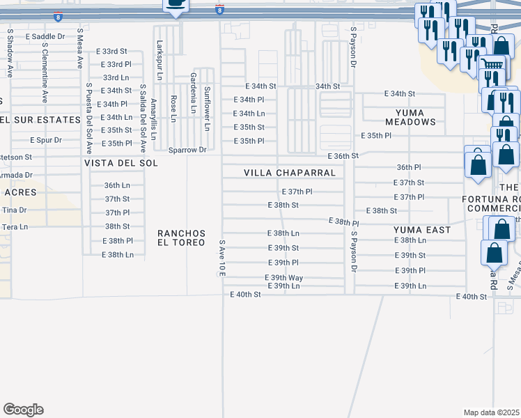 map of restaurants, bars, coffee shops, grocery stores, and more near 10165 East 37th Place in Yuma