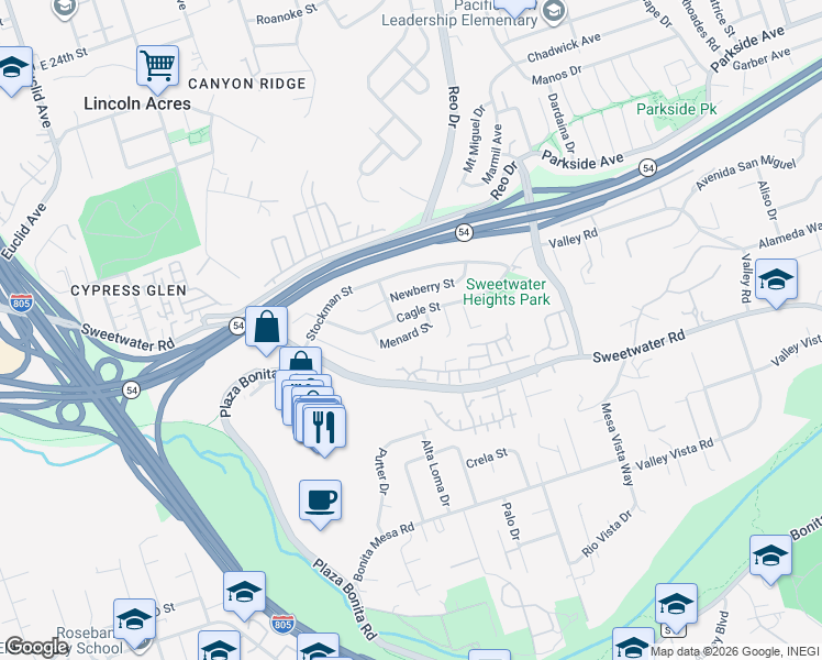 map of restaurants, bars, coffee shops, grocery stores, and more near 3448 Menard Street in National City
