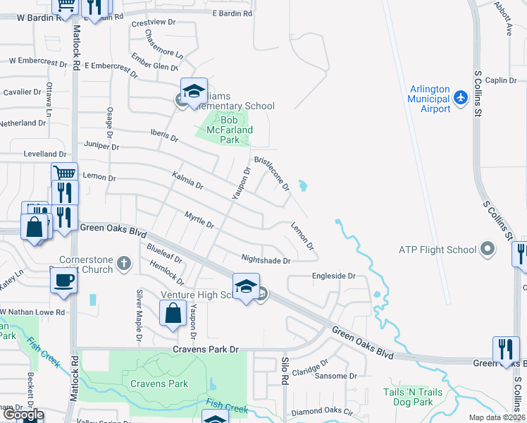 map of restaurants, bars, coffee shops, grocery stores, and more near 510 Juniper Drive in Arlington